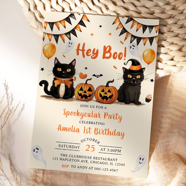 Hey Boo ! Black Cat Halloween Birthday Party Invitation (Creator Uploaded)