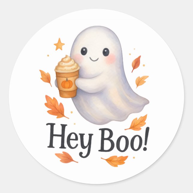 Hey Boo! – Cute AI-Generated Ghost Pumpkin Latte  Classic Round Sticker (Front)