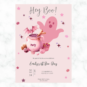 Hey Boo Cute Ghost Halloween 1st Birthday Pink Invitation