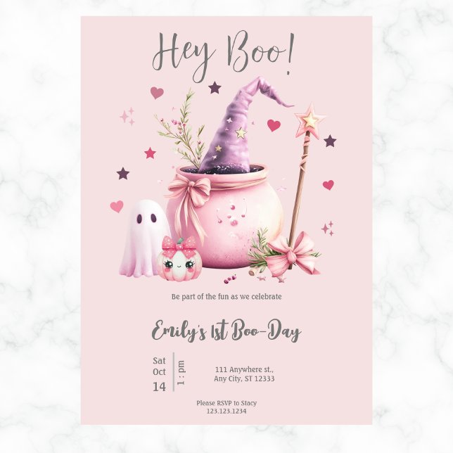 Hey Boo Cute Ghost Halloween 1st Birthday Pink Invitation (Creator Uploaded)