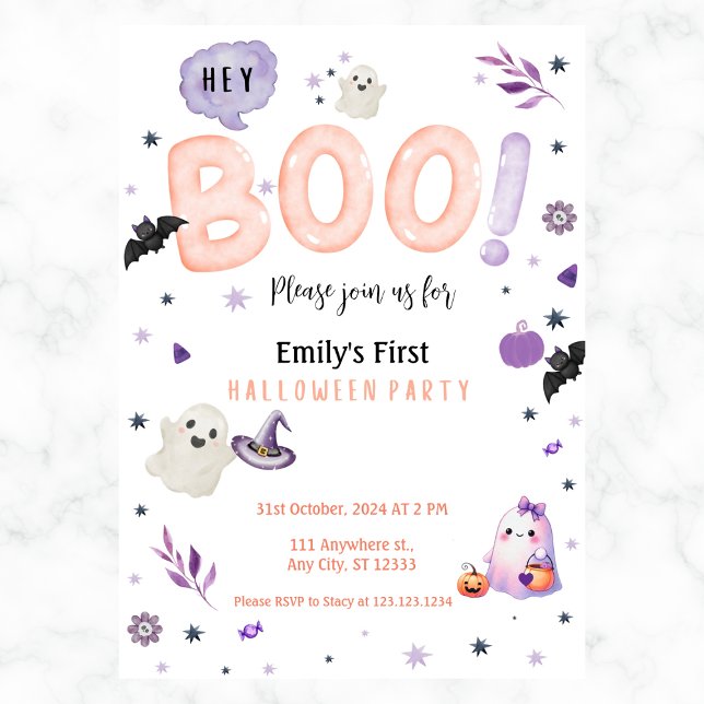 Hey Boo Cute Halloween Girls Any Year Invite (Creator Uploaded)