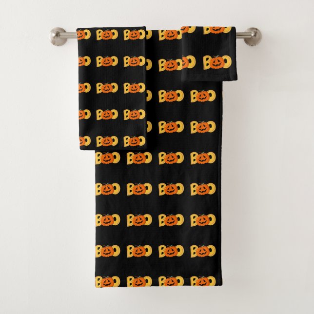 Hey Boo Cute Pumpkin Typography Drawing Art Bath Towel Set (Insitu)