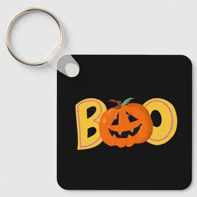 Hey Boo Cute Pumpkin Typography Drawing Art Keychain (Front)