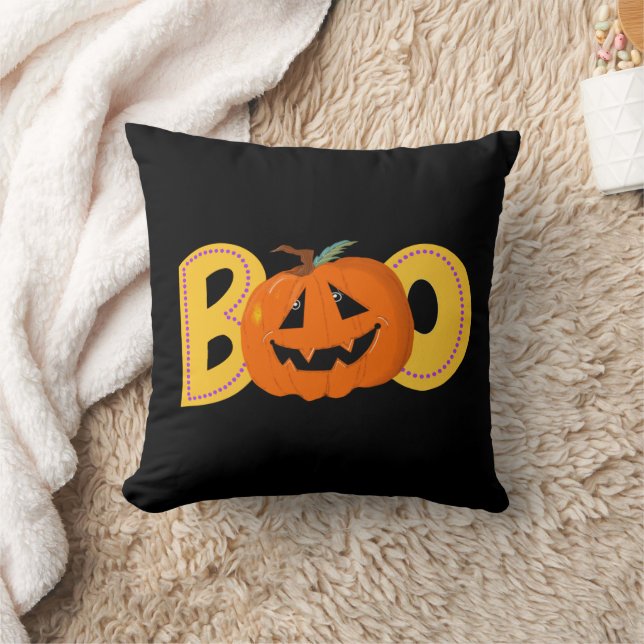 Hey Boo Cute Pumpkin Typography Drawing Art Throw Pillow (Blanket)
