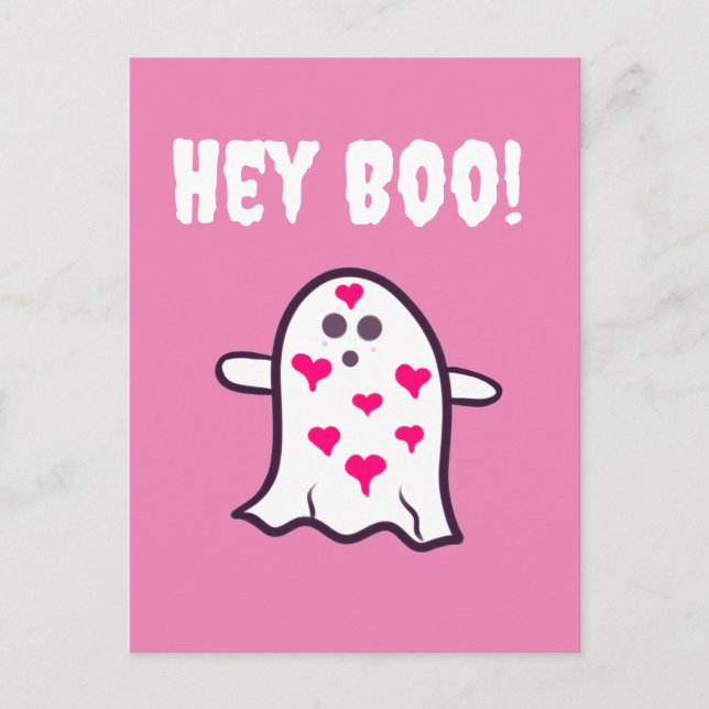 Hey Boo! Ghost Covered in Hearts Postcard (Front)