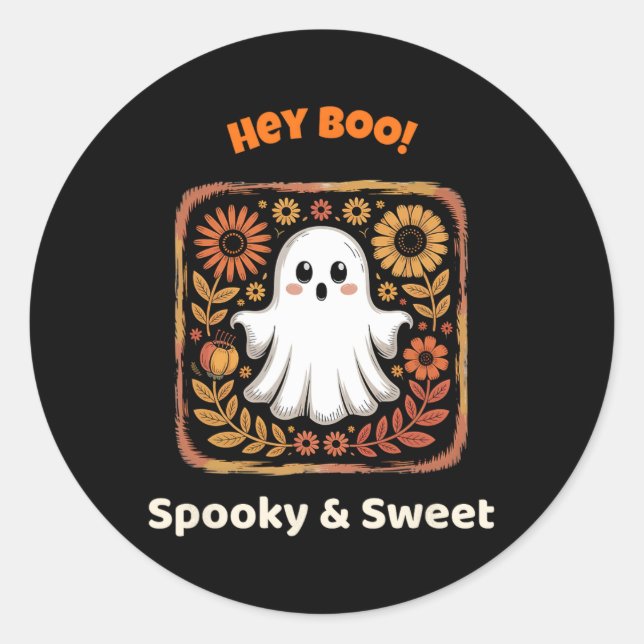 Hey Boo Ghost Retro Halloween Spooky Cute October  Classic Round Sticker (Front)