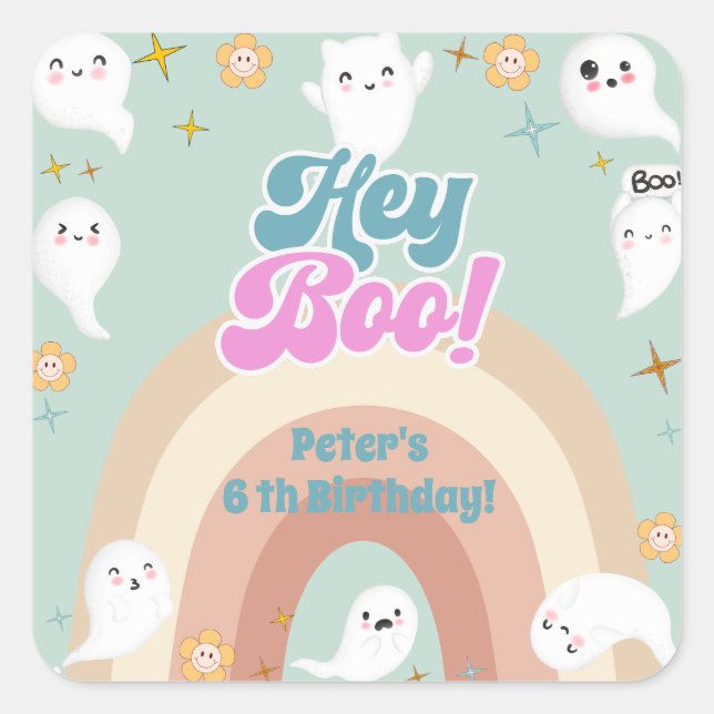 Hey boo goovy halloween retro kids birthday square sticker (Front)