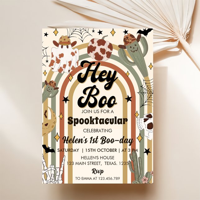Hey Boo! Groovy Cactus Halloween 1st Birthday  Invitation (Creator Uploaded)
