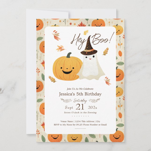 Hey Boo Halloween 5th Birthday Invitation (Front)