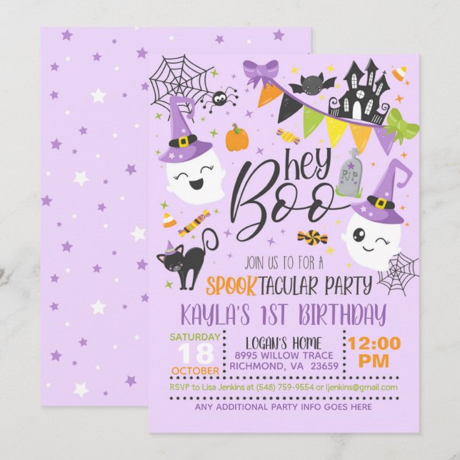 Hey Boo Halloween Invitation Anniversaire - Violet (Devant / Derrière)