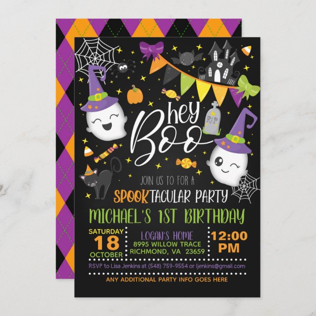 Hey Boo Halloween Invitation d'anniversaire - noir (Devant / Derrière)