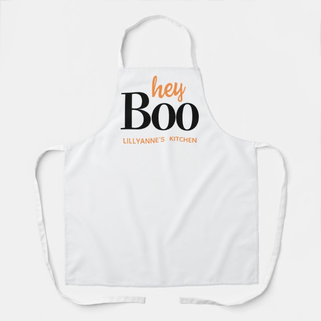 Hey Boo Halloween White Black Typography Monogram Apron (Front)