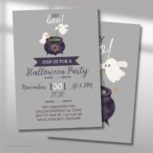 Hey Boo Happy Halloween Ghost With Cauldron Party Invitation