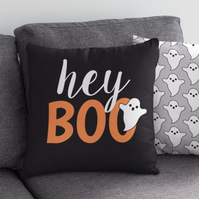 Hey Boo Orange Black Funny Halloween Ghost Throw Pillow (Creator Uploaded)