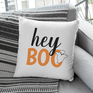 Hey Boo Orange White Funny Halloween Ghost Throw Pillow