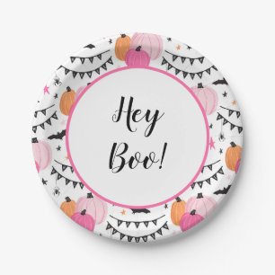 Hey Boo Paper Plates Pink Halloween Party