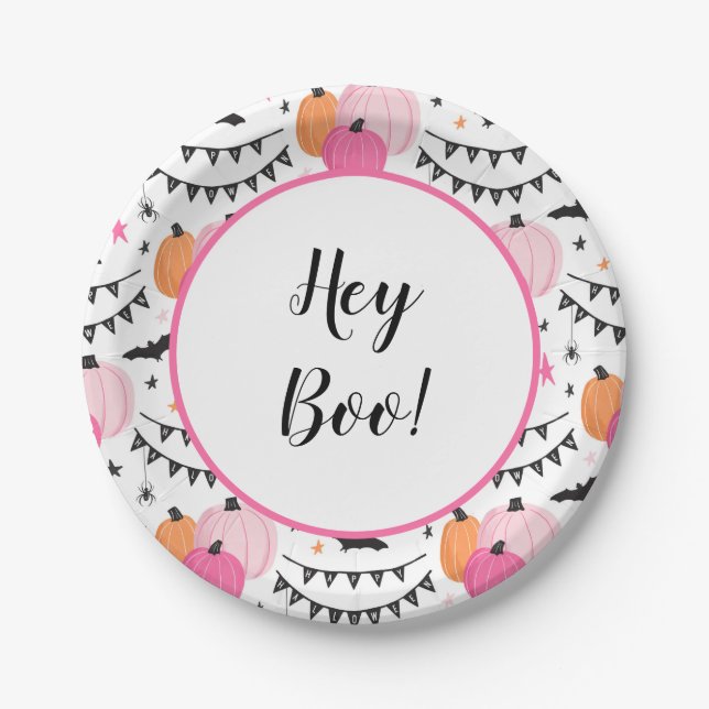 Hey Boo Paper Plates Pink Halloween Party (Front)