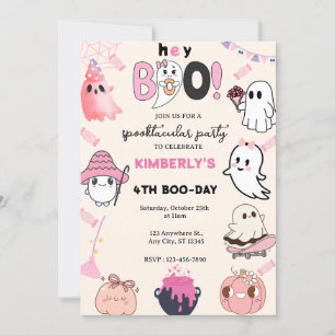 Hey Boo Pink Ghost Halloween Birthday Invitation