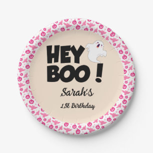 Hey Boo Pink Halloween Ghost Birthday party Paper Plate