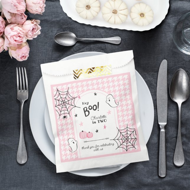 Hey Boo Pink Houndstooth Halloween Second Birthday Favour Bag (Creator Uploaded)
