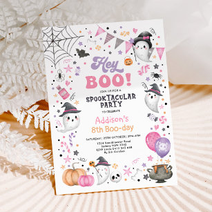Hey Boo! Pink Lilac Halloween Ghost Girl Birthday Invitation