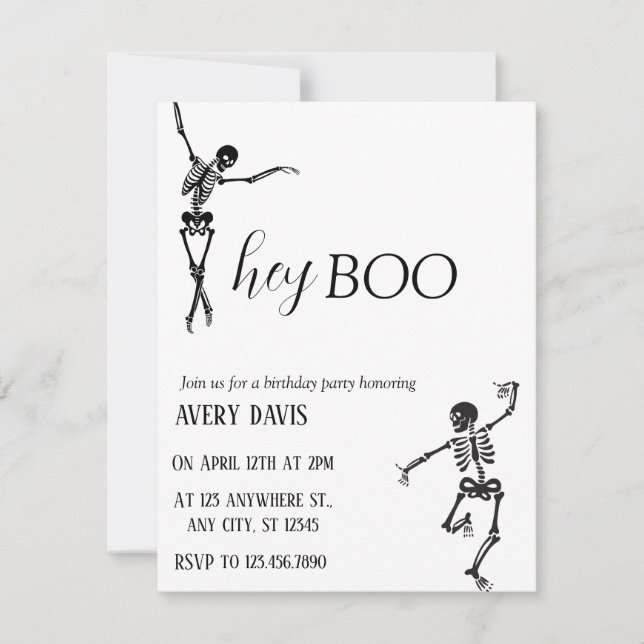 Hey Boo Simple Skeleton Birthday Party Holiday Card (Front)