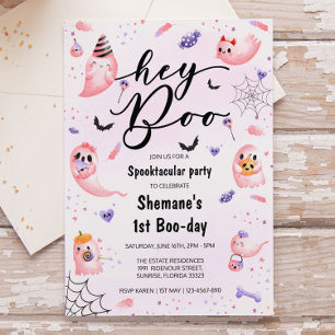 Hey Boo Spooktacular Pink Ghost Halloween Birthday Invitation