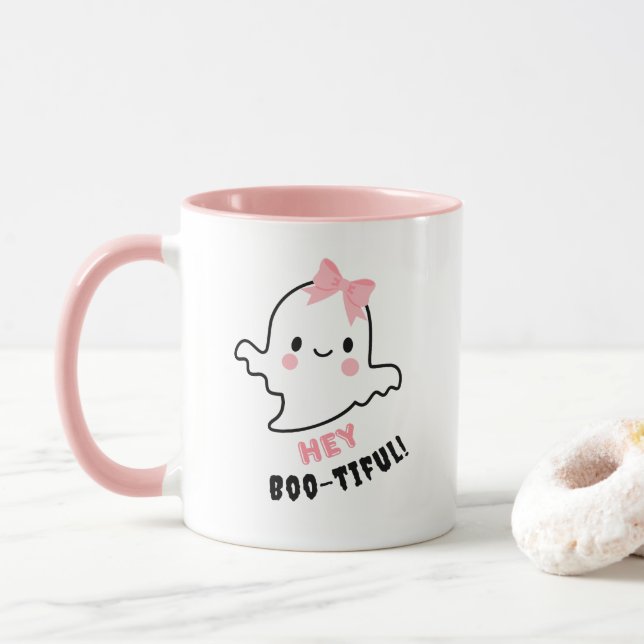 Hey Boo-tiful! Cute Ghost With Pink Bow Halloween Mug (With Donut)