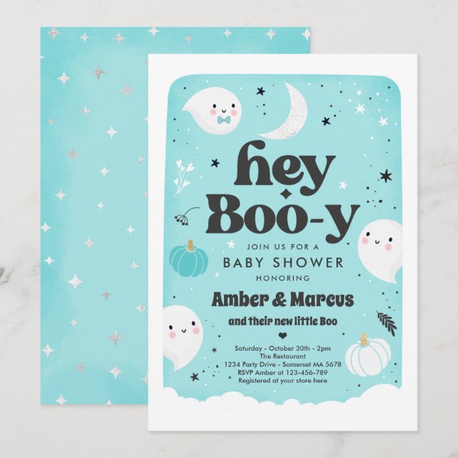 Hey Boo-y Blue Boy Ghost Baby Shower Invitation (Front/Back)