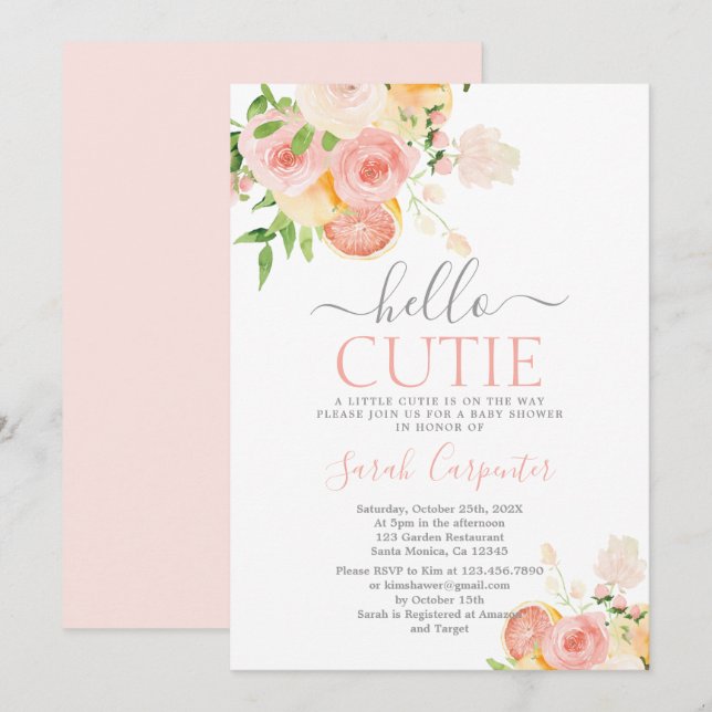 Hey Cutie Citrus Baby shower Invitation fille (Devant / Derrière)