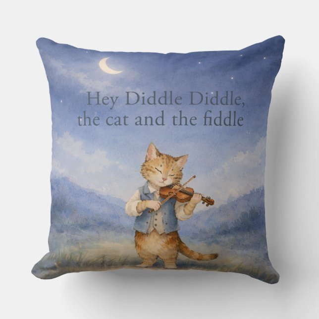 Hey Diddle Diddle Cat and Fiddle Storybook Nursery Throw Pillow (Front)