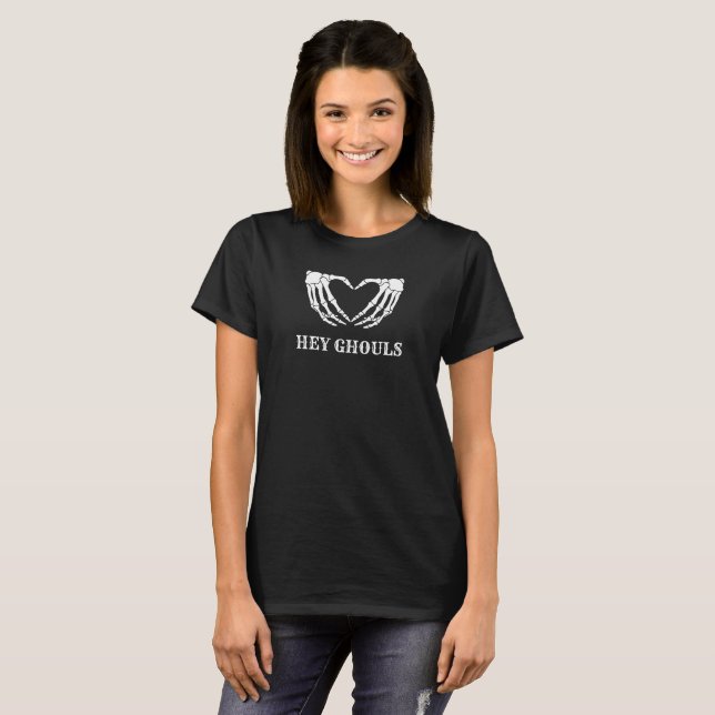 Hey Ghouls Women's Halloween Skeleton Heart Shirt (Front Full)