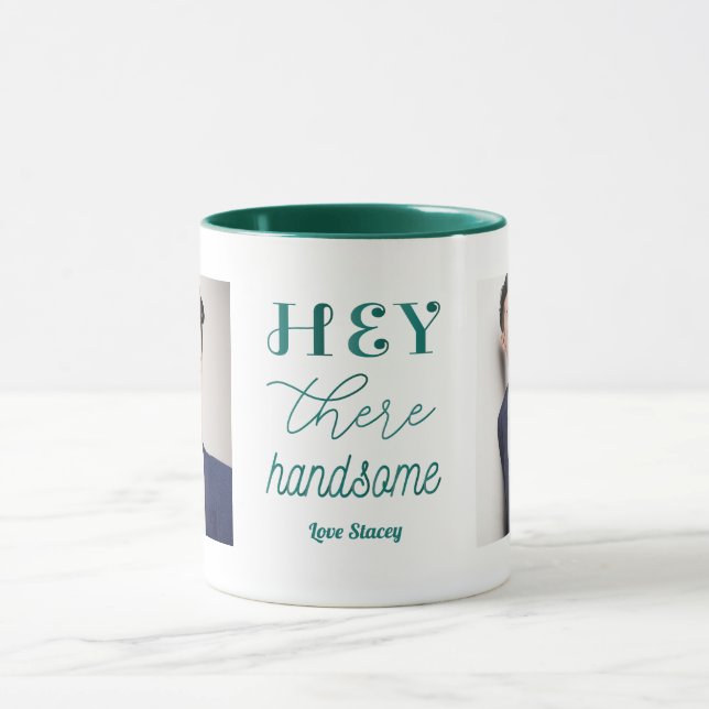 Hey Handsome Quote Green White Photo Mug (Center)