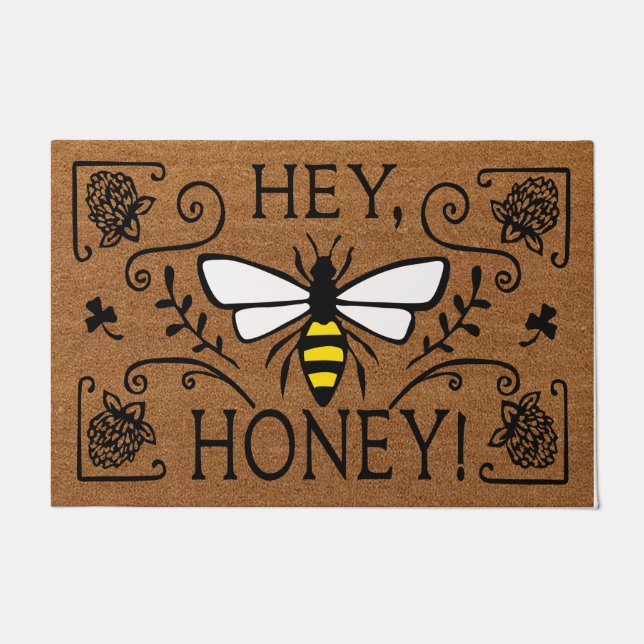 Hey Honey Door Mat, Happy Bee Door Mat (Front)