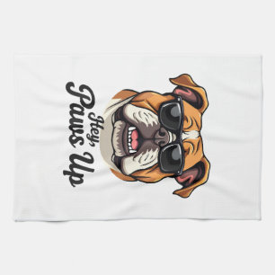 Hey Paws Up Vintage Bulldog with Sunglasses Funny  Kitchen Towel