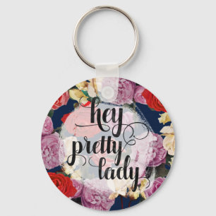 Hey Pretty Lady   Dramatic Vintage Roses On Navy Keychain