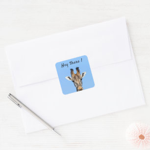 Hey there funny Giraffe photo with text Square Sticker
