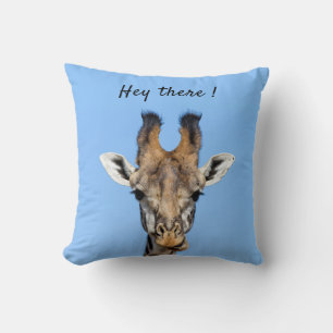 Hey there funny Giraffe photo with text Throw Pillow
