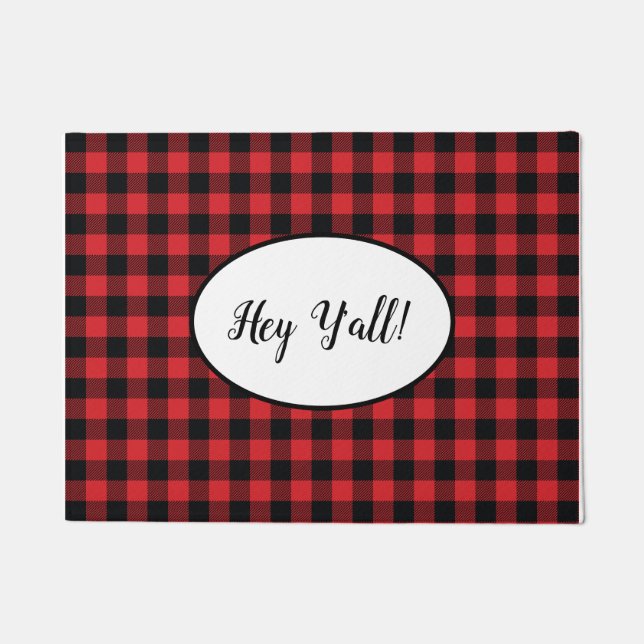 Hey Y’all Red Buffalo Check Plaid Doormat (Front)