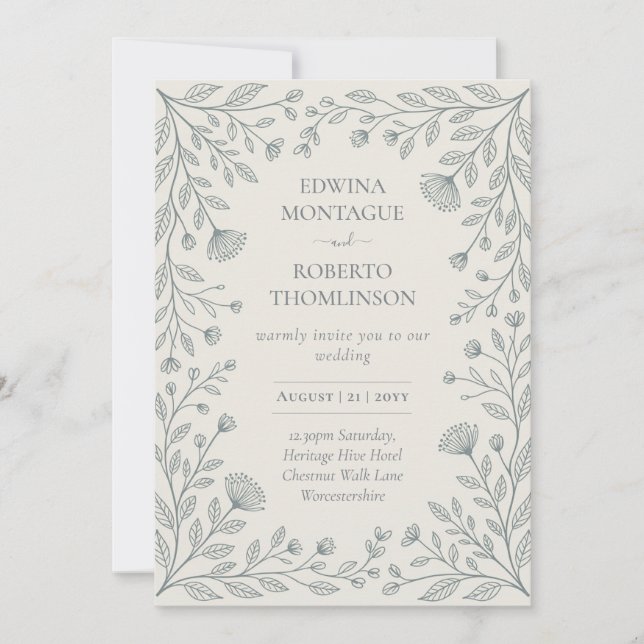 HHS Blue Floral Botanical Frame Elegant Wedding Invitation (Front)