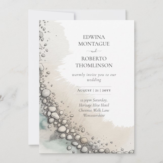 HHS Coastal Pebble Shore Watercolor Beach Wedding Invitation (Front)