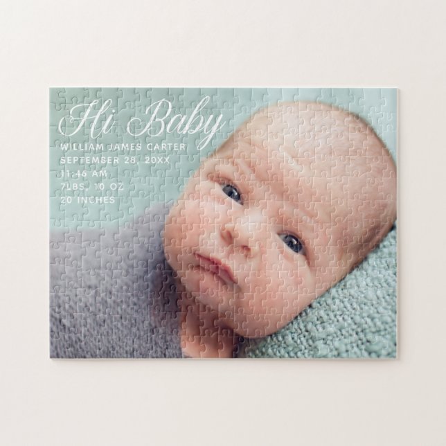 Hi Baby Photo Chic White Script Newborn Picture Jigsaw Puzzle (Horizontal)