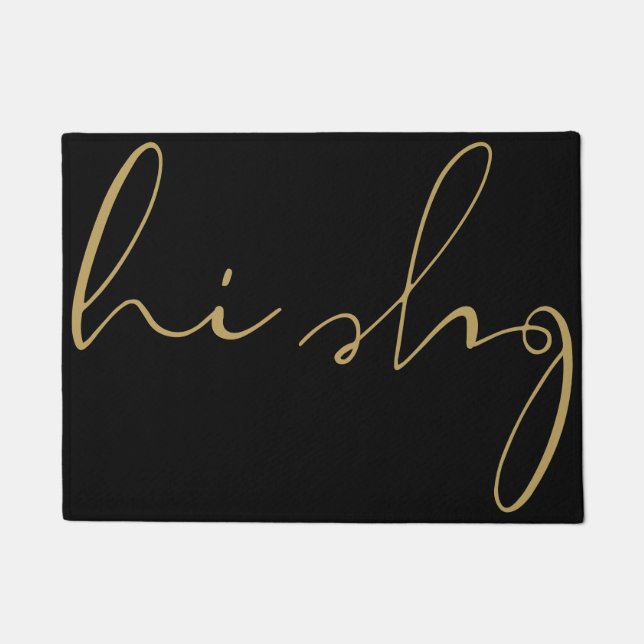 Hi Bye Black And Gold Elegant Calligraphy Script Doormat (Front)