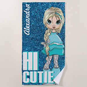 Hi Cutie Girl Personalized with Glitter background Beach Towel