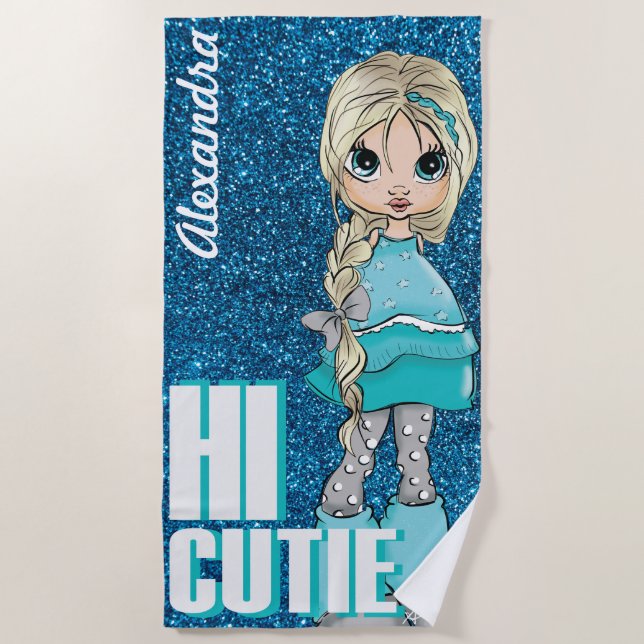 Hi Cutie Girl Personalized with Glitter background Beach Towel (Front)