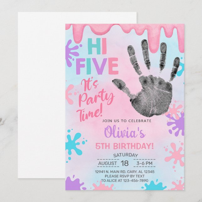 Hi five, party time, slime, girl birthday invite. invitation (Front/Back)