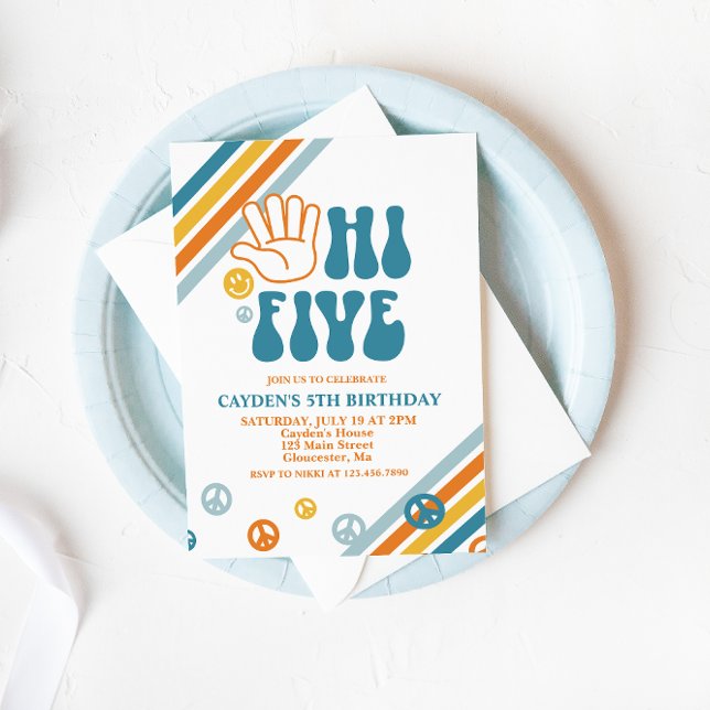 Hi Five Retro Boy 5th Birthday Invitation (Creator Uploaded)