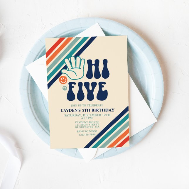 Hi Five Retro Stripes birthday Invitation (Creator Uploaded)
