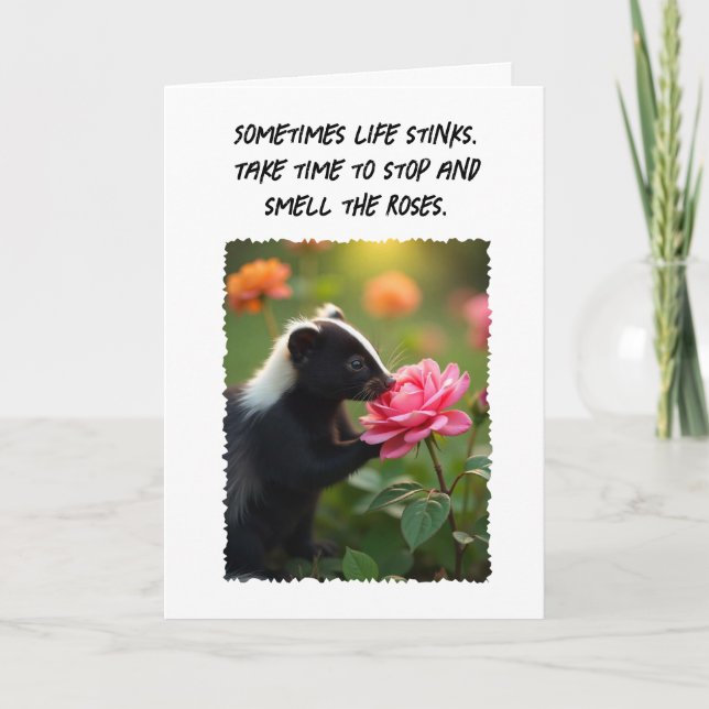 Hi Hello Thinking of You Fun Skunk Pink Rose Card (Front)