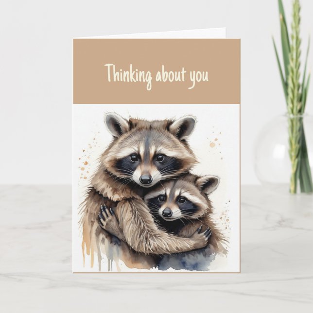 Hi Hello Thinking of You Two Raccoon Couple Hugs Card (Front)